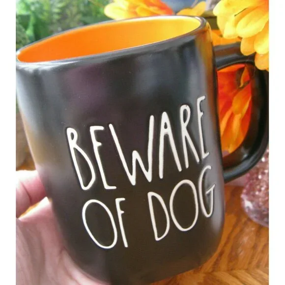 New Rae Dunn BEWARE OF DOG Black & Orange Ceramic Coffee Tea Mug Cup - Picture 2 of 9